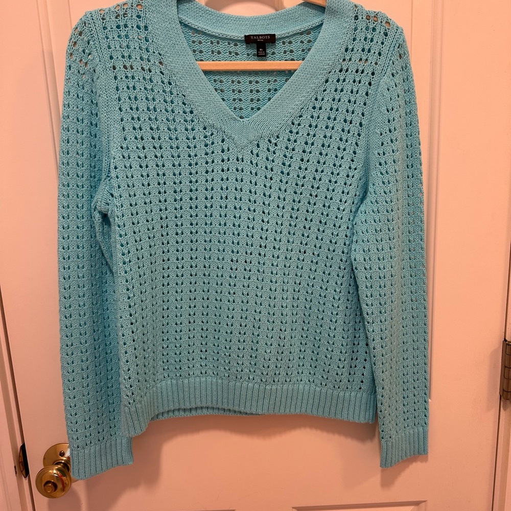NWOT Talbot’s Turquoise Open Stitch V-Neck Pullover Sweater